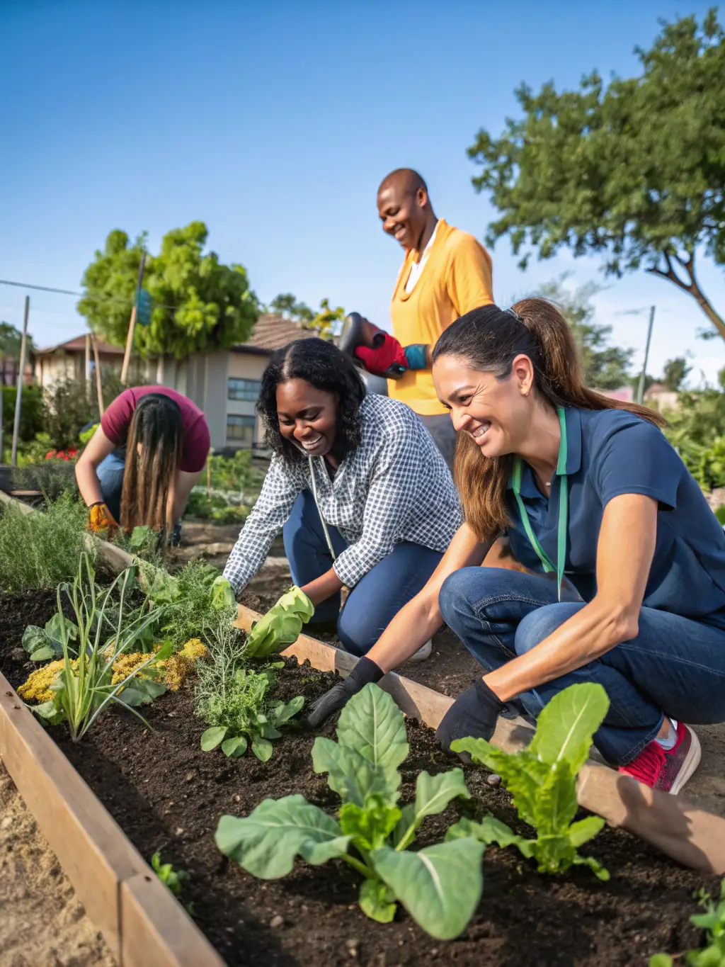 A photo of volunteers assisting elderly residents with gardening in a community garden, representing the intergenerational activities promoted by the organization.