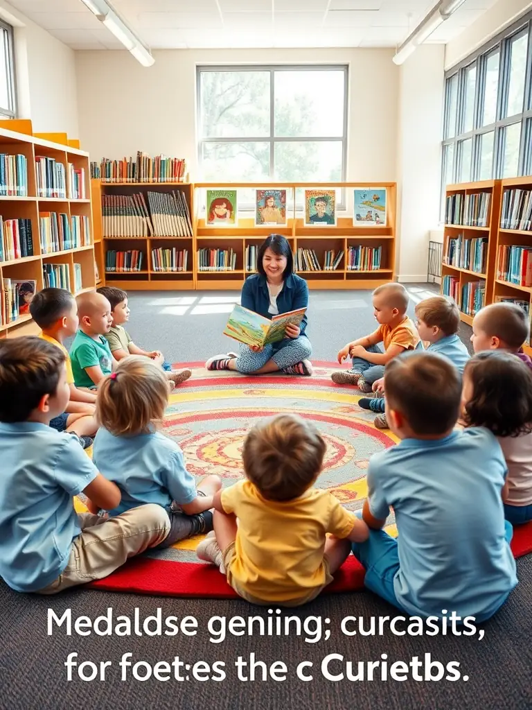 A group of children participating in a storytelling session at a local library, showcasing the educational programs offered by FAMILLES RURALES ASSOC ROANNES ST MARY.