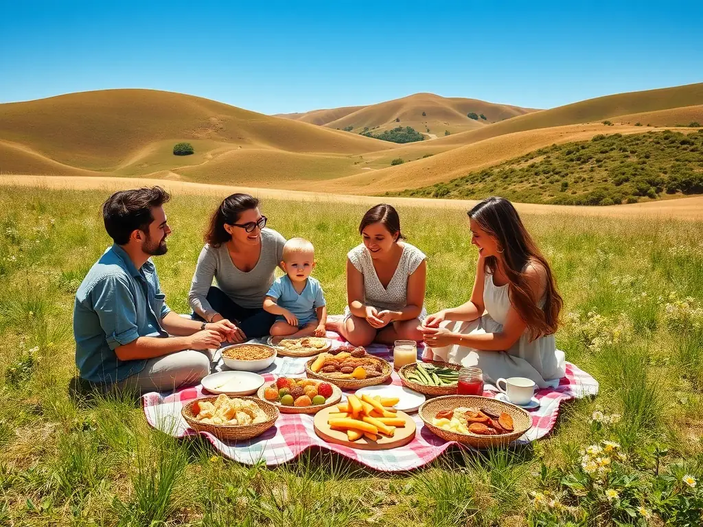 An image of families participating in a recreational outing, such as a hike or picnic, showcasing the importance of leisure and social interaction in rural communities.