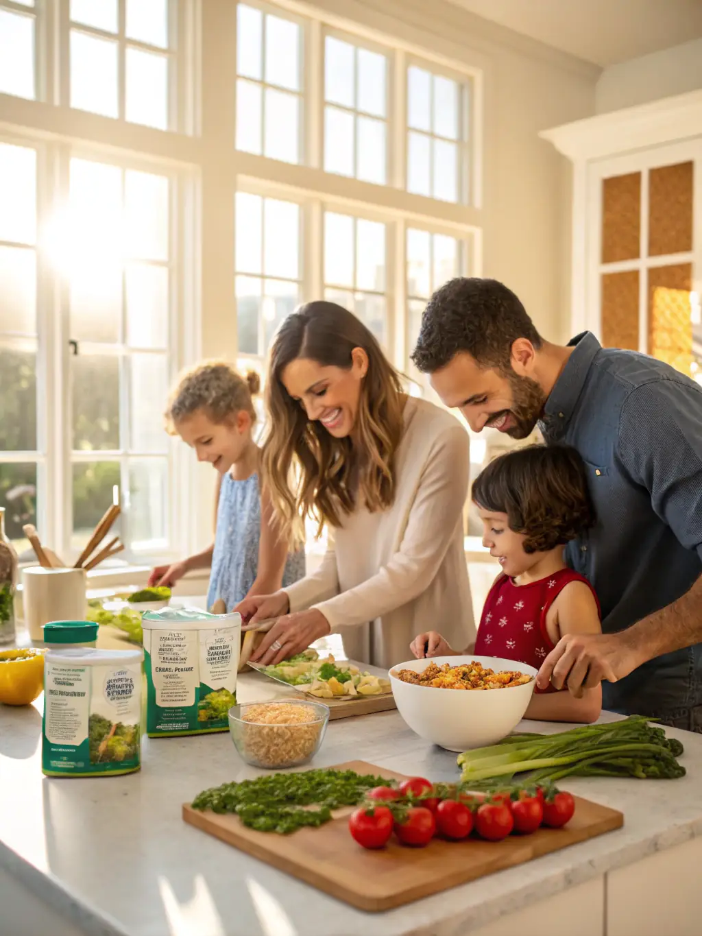 A family participating in a cooking class, learning about healthy eating habits and preparing a meal together, illustrating the family support initiatives.