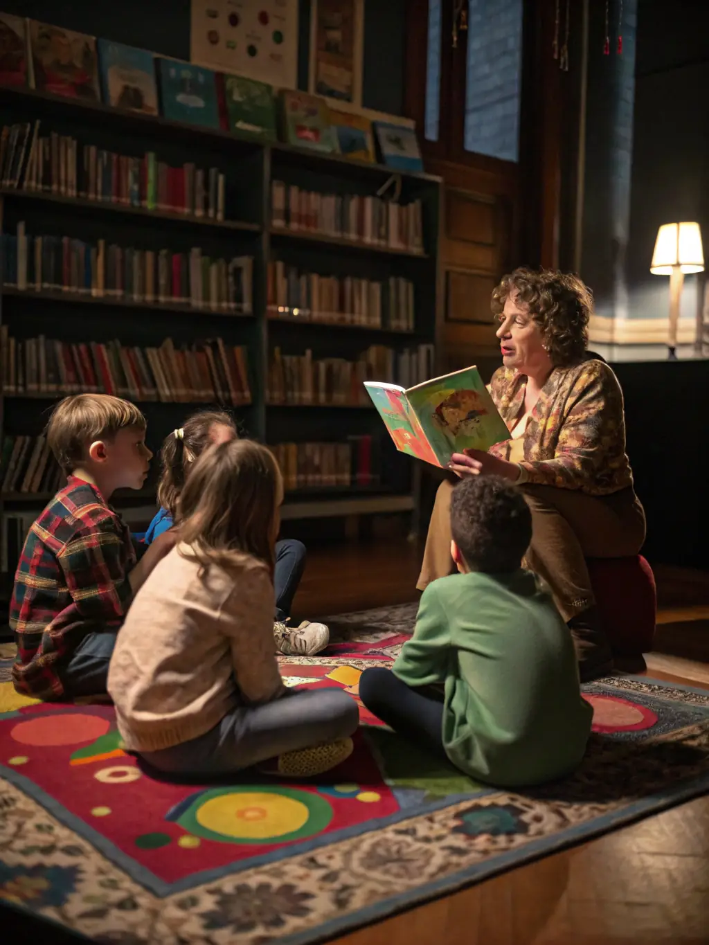 A heartwarming image of children and adults engaged in a storytelling session at a local library, emphasizing the importance of literacy and intergenerational connections.