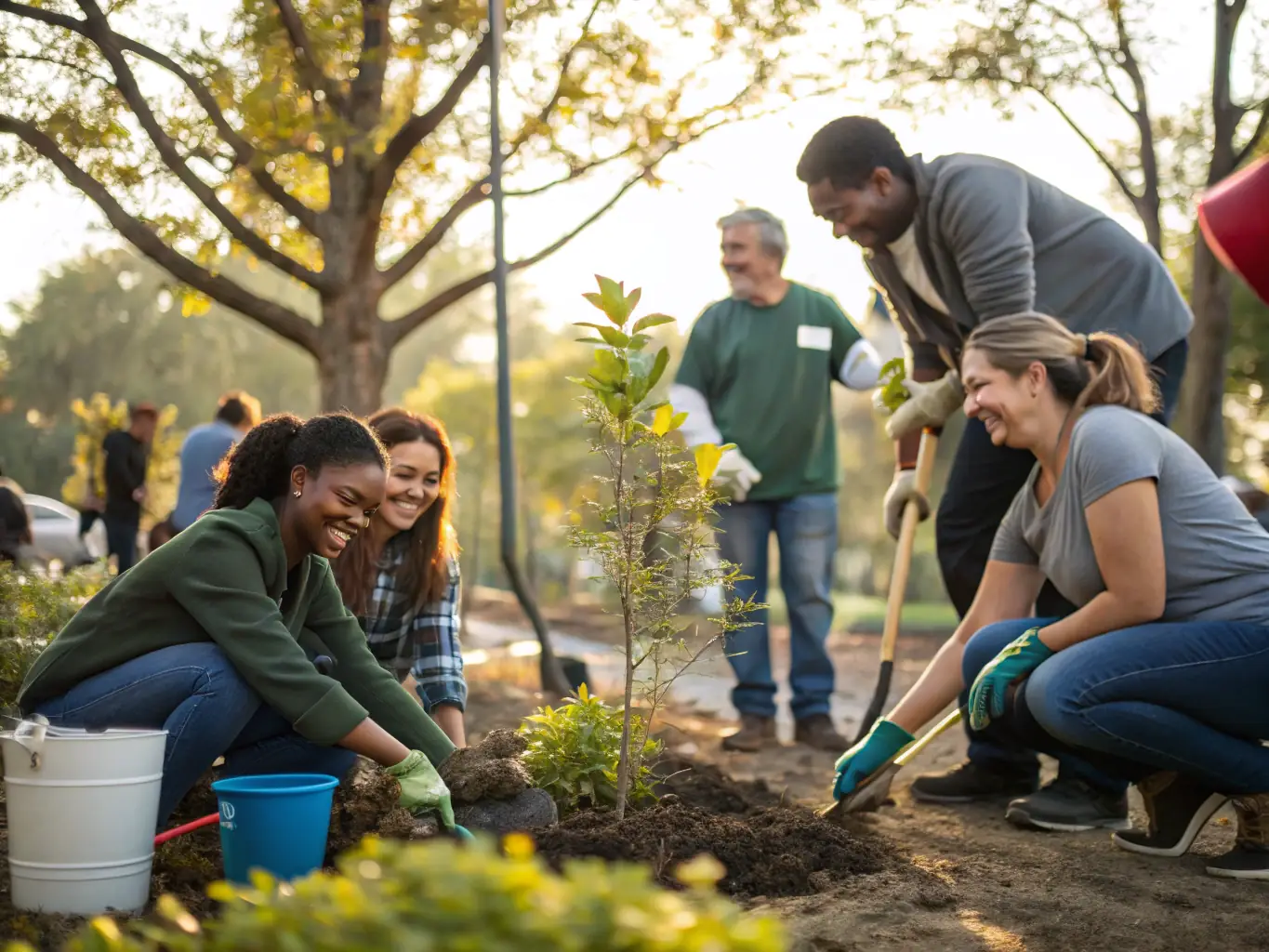 An inspiring image of volunteers working together on a community project, emphasizing the organization's focus on promoting civic engagement and community development.