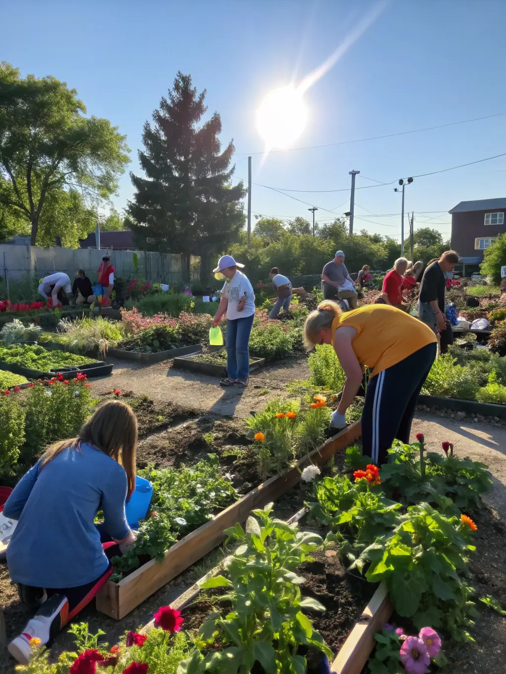 A vibrant photo of a group of families participating in a community garden project, showcasing collaboration and sustainable living in a rural setting. The image should convey a sense of joy and accomplishment.