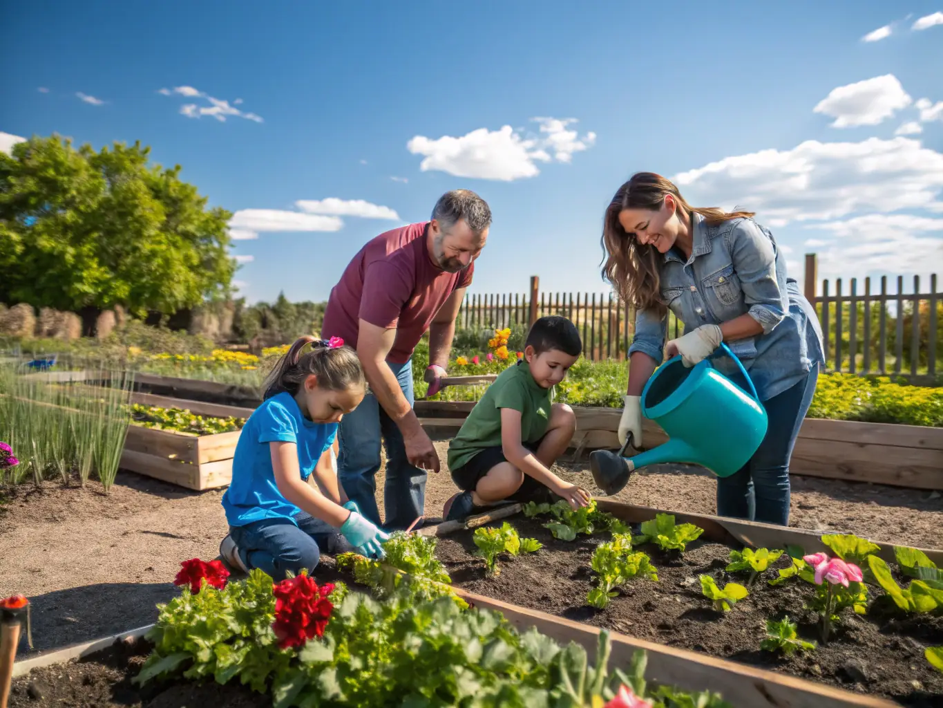 An image of a group of families participating in a community garden project, planting vegetables and flowers together, symbolizing community engagement and sustainable living.
